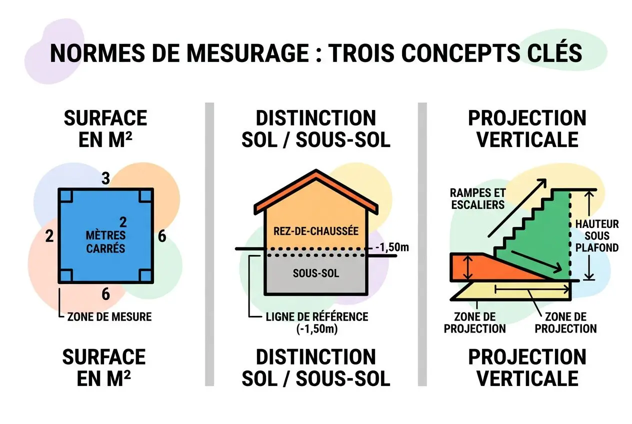 Alt: Illustration expliquant les normes de mesurage: surface en m², distinction sol/sous-sol et projection verticale, avec mesures et zones de projection. Inclut le terme logique logiciel prise de métré intégré naturellement.