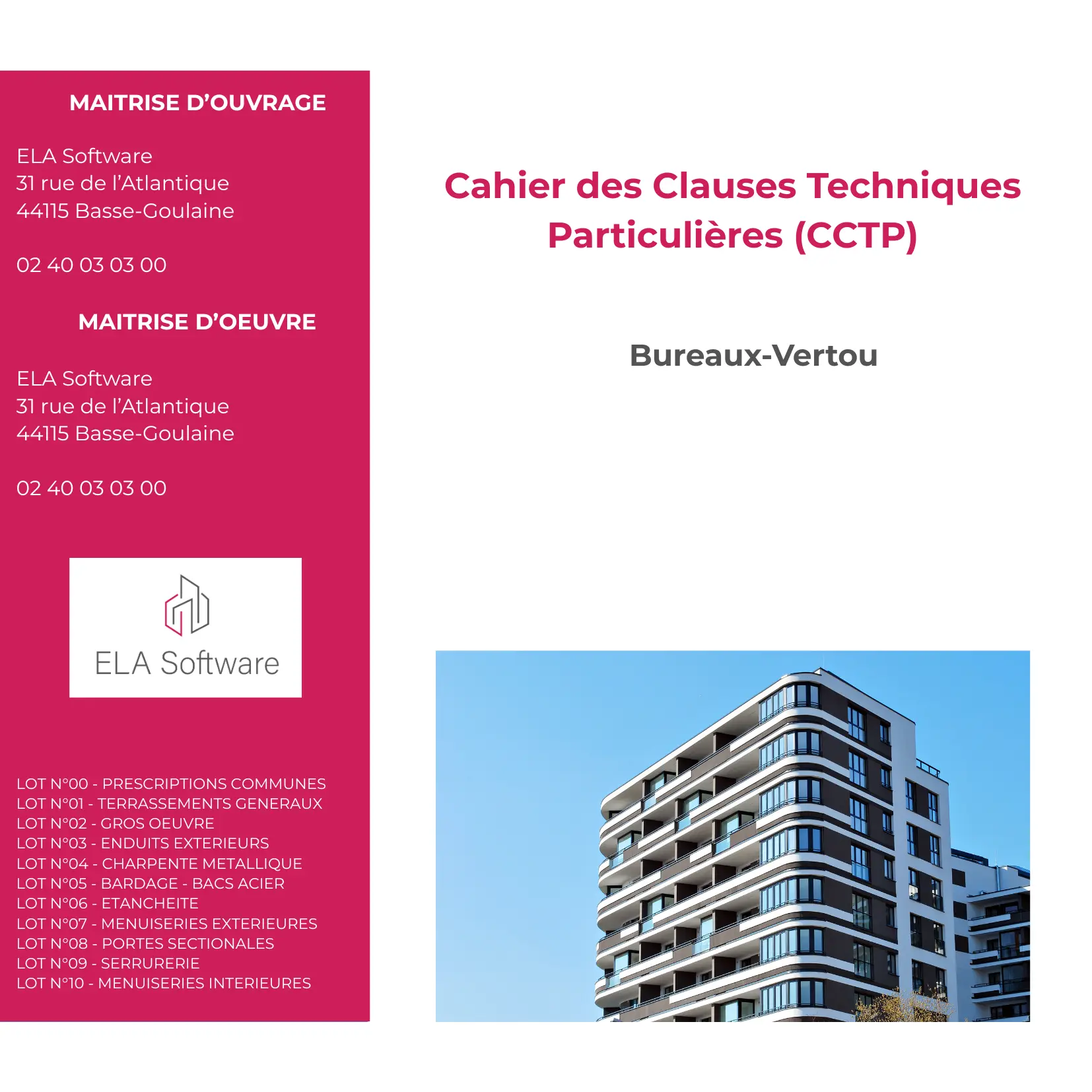 Couverture d’un livret technique « Cahier des Clauses Techniques Particulieres (CCTP) » de Bureau Vertou avec colonne rose sur la gauche et photo d’un immeuble moderne à droite.