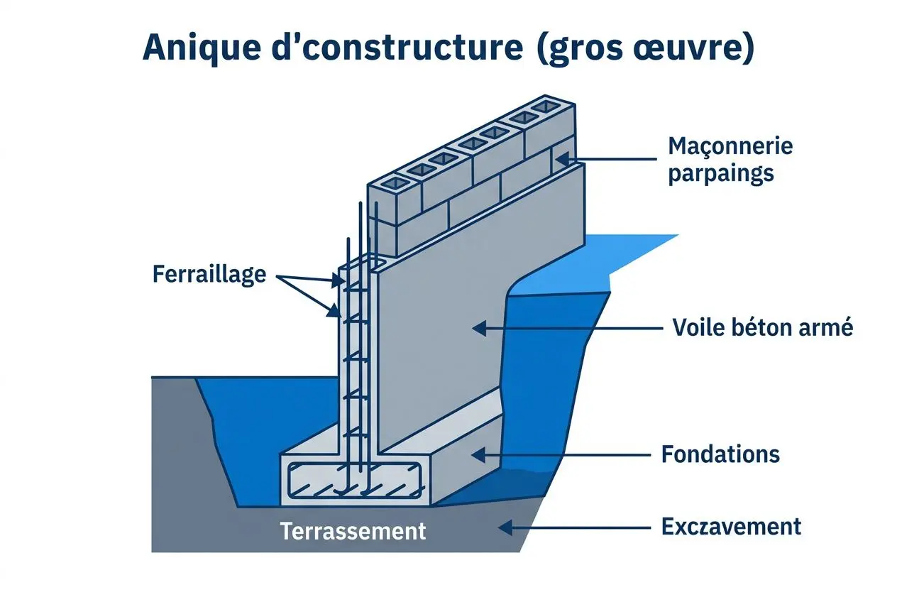 Schéma d’anique d’ouvrage (gros œuvre) montrant fondations, terrassement et maçonnerie avec ferraillage et voiles en béton armé pour le cahier des charges gros oeuvre.
