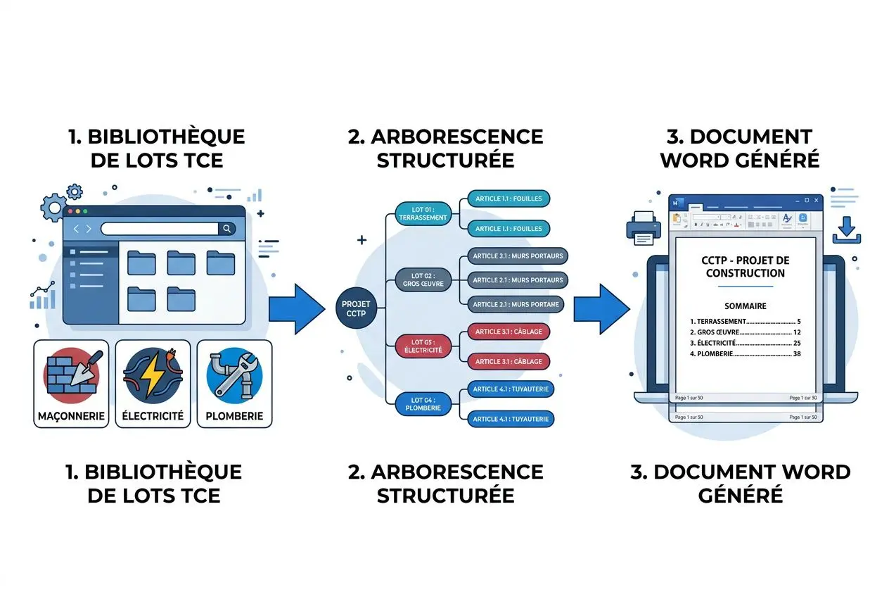 DCE architecture : guide complet du dossier de consultation des entreprises - illustration graphique montrant bibliothèque de lots TCE, arborescence structurée et document Word généré pour le projet de construction.