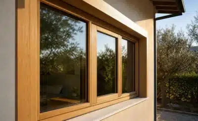 Fenêtres extérieures en bois chaleureux, posé sur un mur beige avec façade en béton et vue sur un jardin. Cctp menuiseries extérieures bois (description intégrant le mot-clé).