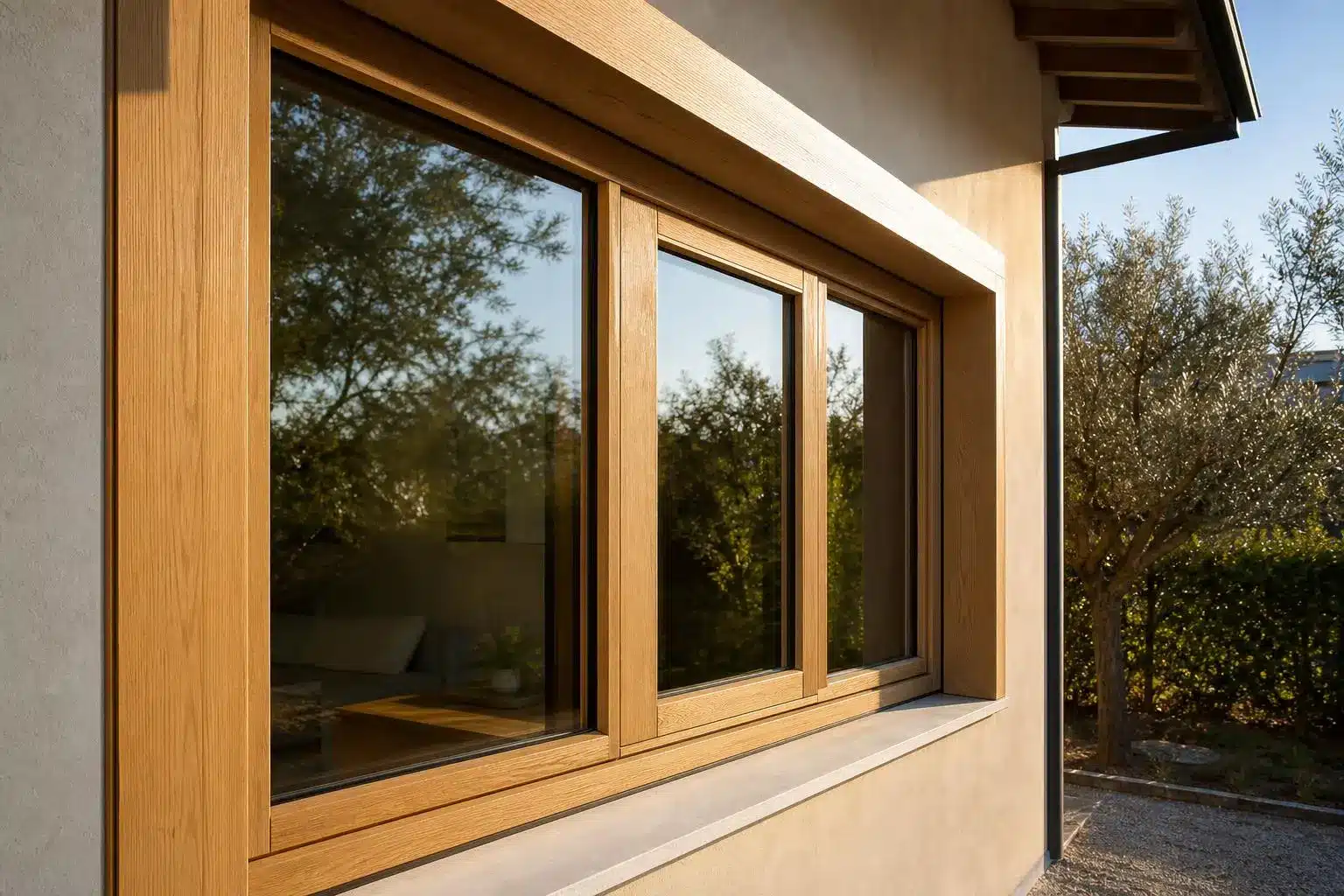 Fenêtres extérieures en bois chaleureux, posé sur un mur beige avec façade en béton et vue sur un jardin. Cctp menuiseries extérieures bois (description intégrant le mot-clé).