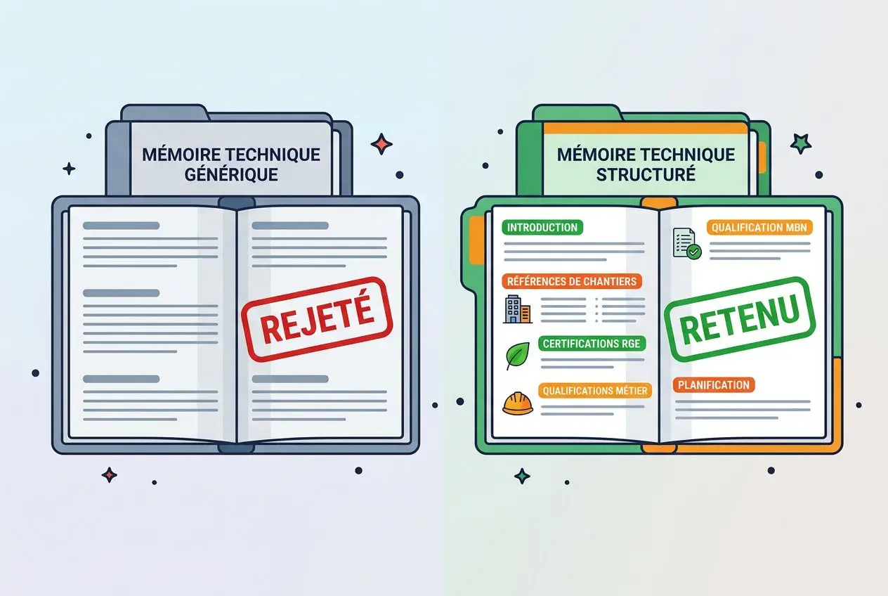 Acte d'engagement définition illustré par deux livres: l'un rejeté (mémoires techniques générique) et l'autre retenu (mémoires techniques structurés).