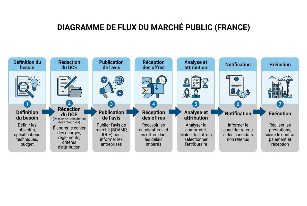 Diagramme montrant le flux du marché public en France, étape par étape, depuis la définition du besoin jusqu’à l’exécution. Inclut les étapes : définition du besoin, rédaction du DCE, publication de l’avis, réception des offres, analyse et attribution, notification et exécution. Intègre le concept qu'est-ce que la loi MOP.