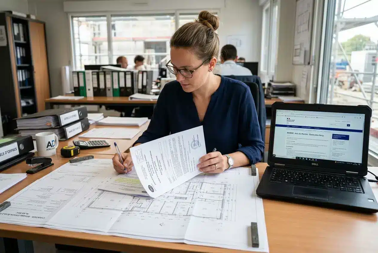 Femme au bureau consulte des documents et signe un acte d'engagement, avec un ordinateur portable ouvert sur le côté.