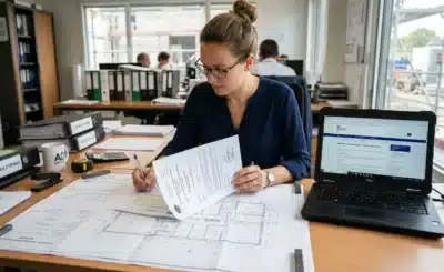 Plan de situation terrain : femme au bureau, étude de documents et plan cadastral, ordinateur portable ouvert sur le Géoportail.