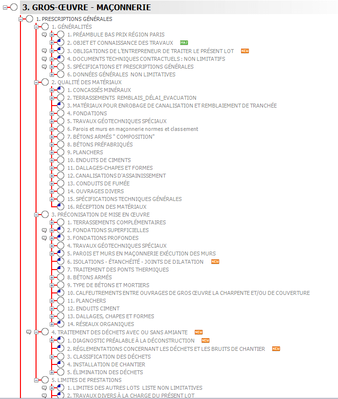 Diagramme de la GROS-ŒUVRE Maçonnerie: arbres de prescriptions générales et techniques, sections sur préambule, obligations, documents contractuels non limitatifs et travaux, sans mention directe de ccap vs cctp vs ccag dans l’image.