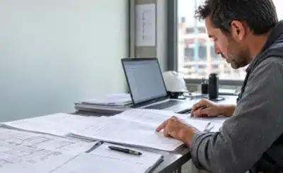 Homme en chantier consultant des plans et documents sur un bureau, ordinateur portable ouvert et croquis techniques autour.