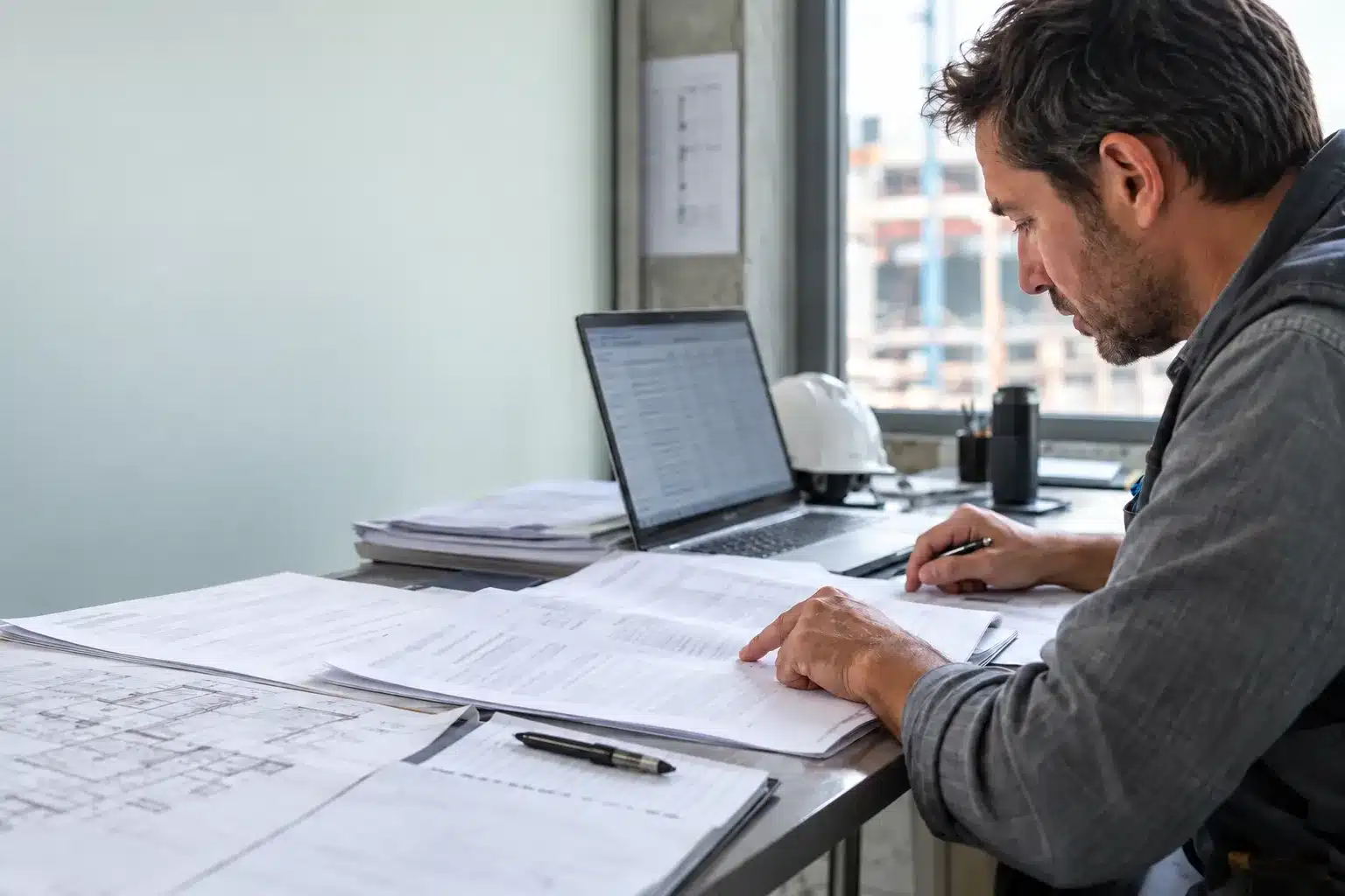 Homme en chantier consultant des plans et documents sur un bureau, ordinateur portable ouvert et croquis techniques autour. Homme en chantier consultant des plans et documents sur un bureau, ordinateur portable ouvert et croquis techniques autour.