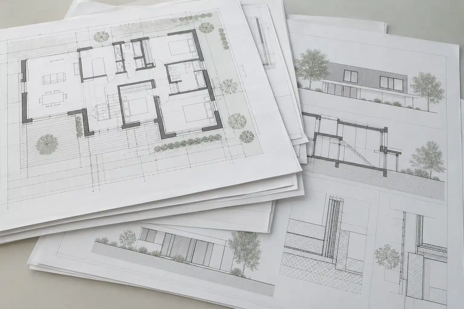 Plan d’architecture montrant des dessins et des perspectives de bâtiment.