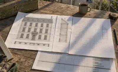 Plan d’architecture et relevés sur une table de chantier avec feuilles de façade et croquis.
