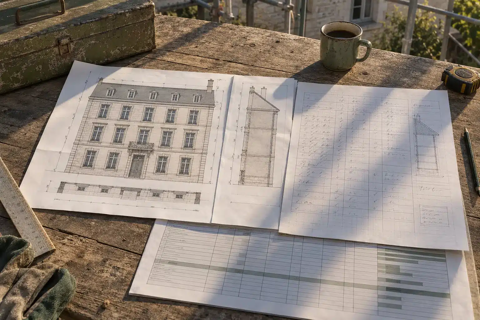 Plan d’architecture et relevés sur une table de chantier avec feuilles de façade et croquis.